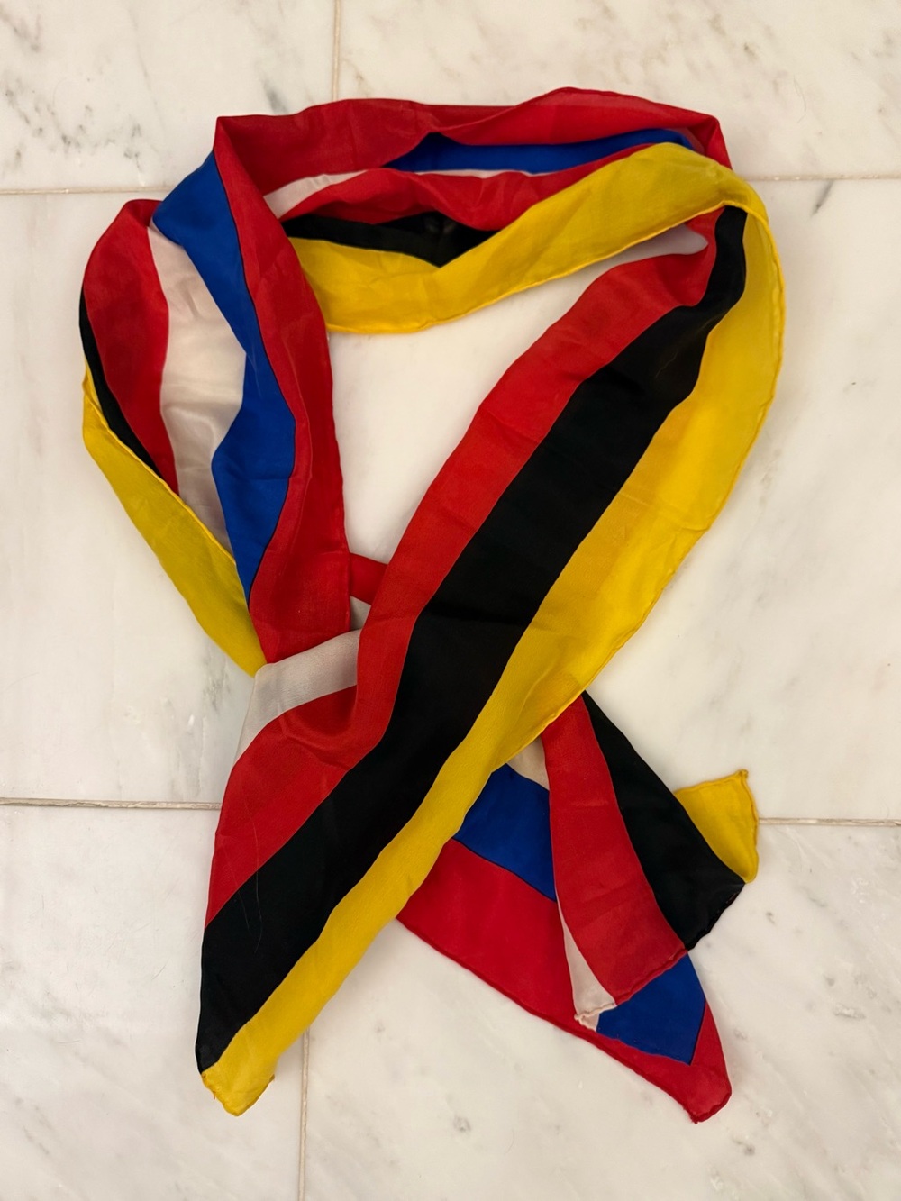 VINTAGE Striped Multicolor Silk-Feel Scarf - Red, Yellow, Blue, Black